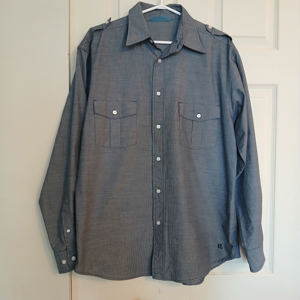 LK Haggar Navy Blue Cotton+Polyester Men's Button Up Longsleeve